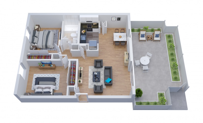 B1 - 2 bedroom floorplan layout with 1 bathroom and 1037 square feet