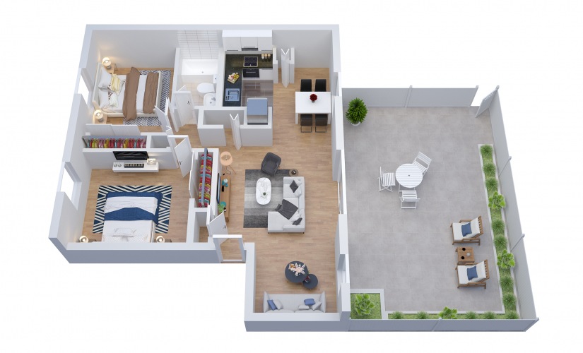 B2.D - 2 bedroom floorplan layout with 1 bathroom and 1077 square feet