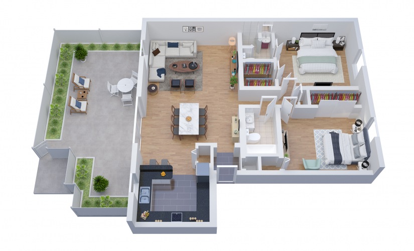 B3 - 2 bedroom floorplan layout with 2 bathrooms and 1217 square feet