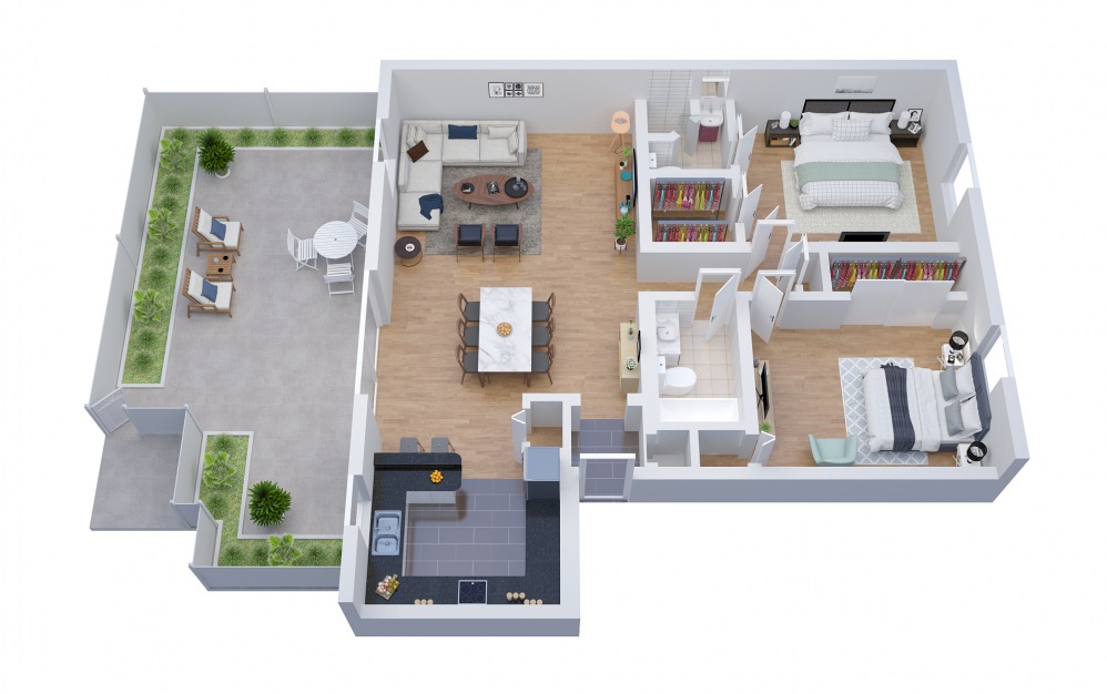 B3 - 2 bedroom floorplan layout with 2 baths and 1217 square feet.