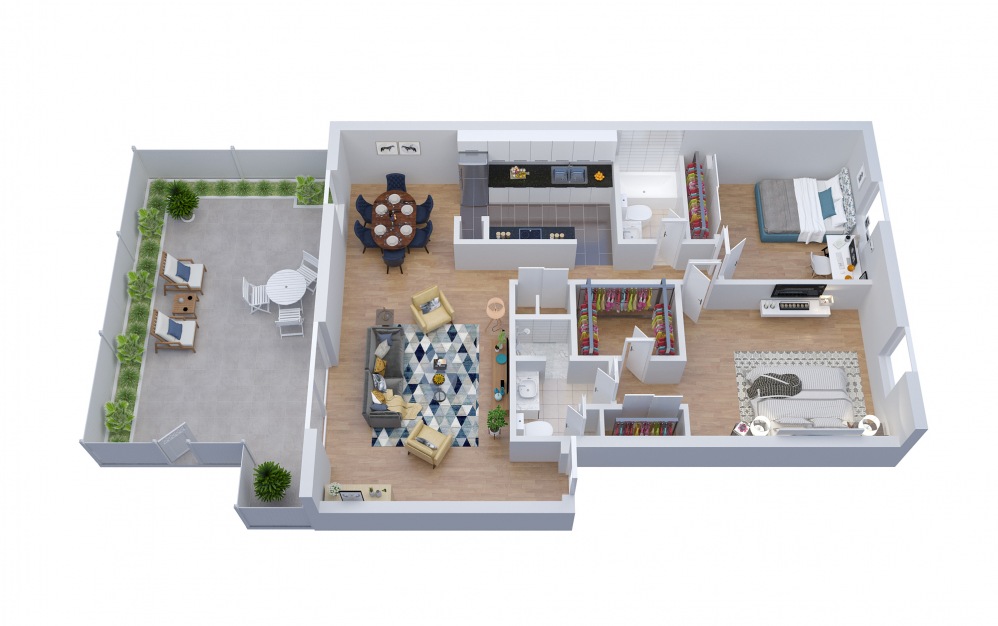 B4 - 2 bedroom floorplan layout with 2 baths and 1297 square feet.