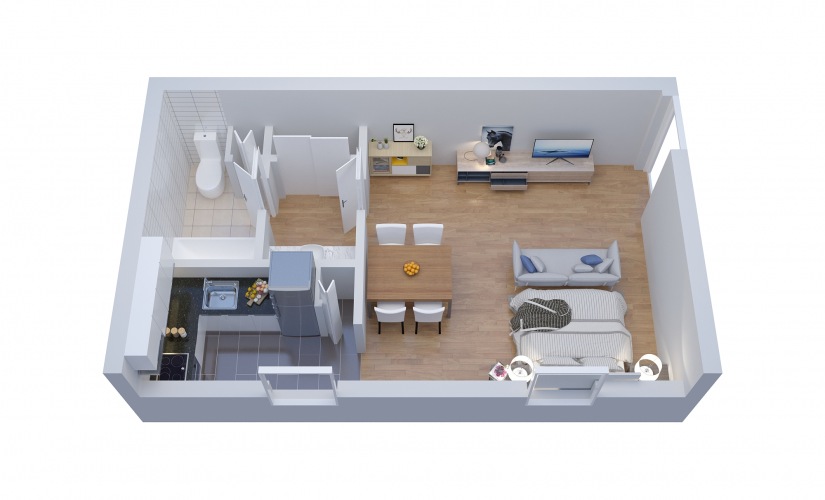E1 Efficiency - Studio floorplan layout with 1 bathroom and 550 square feet